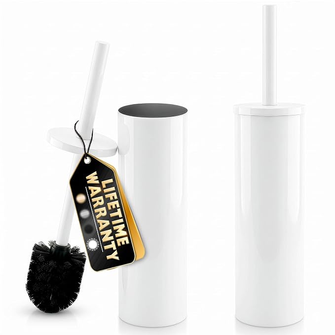 Stainless Steel Toilet Brush and Holder Set White - Long Handle Toilet Bowl Cleaner Brush and Holder - Removable Inner Liner, Shiny Design, Splash Protection & Dense Bristles for Bathroom Cleaning