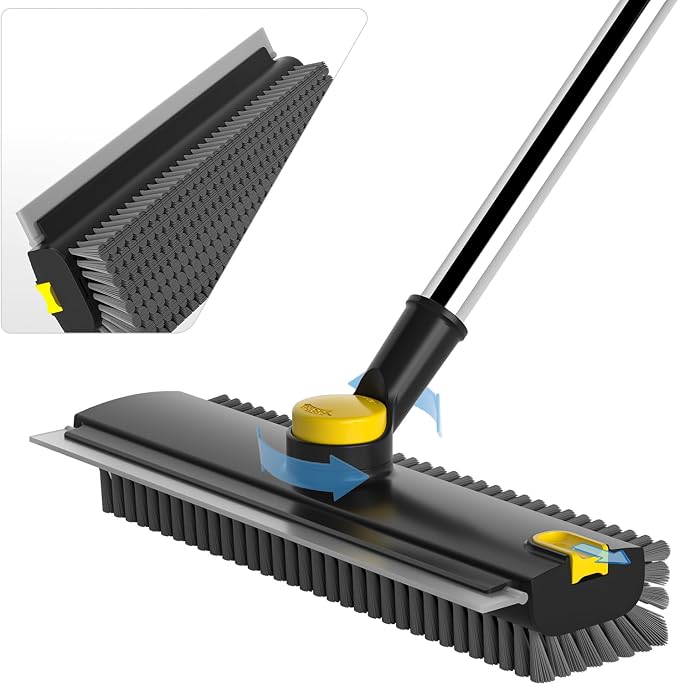 Floor Scrub Brush with Long Handle, 3 in 1 Scrape and Heavy-Duty Stiff Bristle Floor Scrubber Brush Broom with Squeegee and Tweezer for Cleaning Black