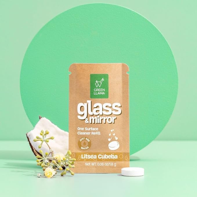 Green Llama Window and Glass Refill 8-Pack - Certified Compostable Packaging, Natural Cleaning Solution for Windows and Glass - Eco-Friendly and Sustainable