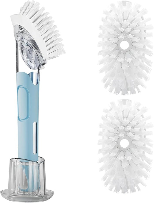 Soap Dispensing Replacement Dish Brush with 2 PCS Brush Refills & Holder | RIMAY Dispenser Scrub Cleaning Scrubber Kitchen Dishwashing Dish Wand Handle for Dishes/Pans/Pots/Sink(Blue)
