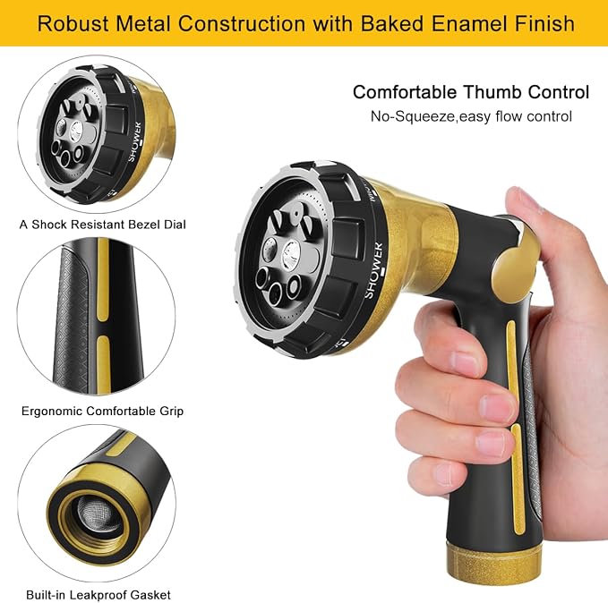 FANHAO Heavy Duty Garden Hose Nozzle, Metal Hose Sprayer Easy Thumb Control | 8 Spray Patterns, Rustproof Water Nozzle, Non-Slip Ergonomic Grip, Elder & Child Friendly for Garden, Car & Pet, Yellow