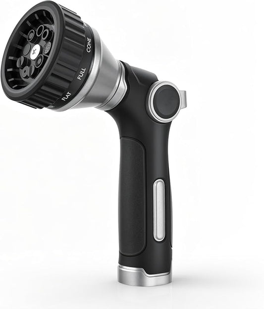 RESTMO Water Hose Nozzle Heavy Duty, Garden Hose Sprayer Thumb Control | Premium Zinc Alloy Metal, 8 Spray Patterns, Flow Adjustable, for Outdoor Plants & Lawns Watering, Cars & Pets Washing, Silver