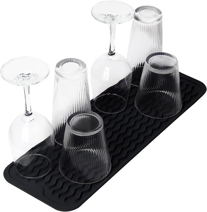 ZLR 2 Pcs Small Dish Drying Mat (6" x 17" / 153 x 433mm) - Narrow Silicone Drainer for Kitchen Counter, Apartment & RV - Compact Sponge Holder & Sink Caddy Tray, Non-Slip Food-Grade Silicone (Black)