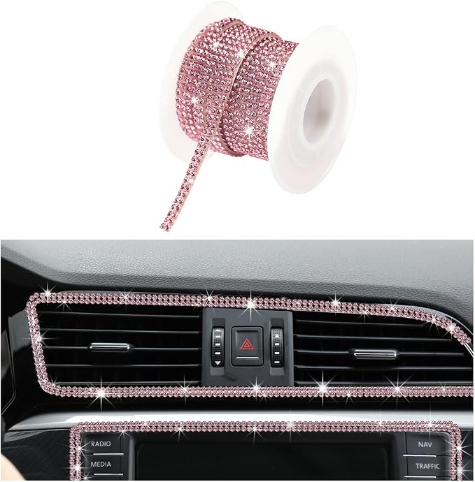 Ohleats Bling Car Trim Self Adhesive, 16.4 Ft Auto Interior Exterior Crystal Rhinestone Decoration Strip Decal, Glitter Trim Strips Line Molding for Dashboard, Car Accessories (Pink)