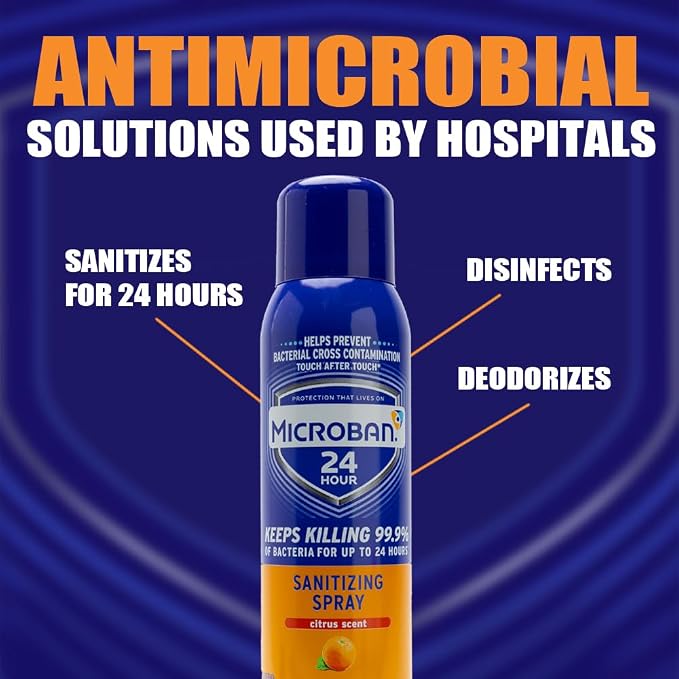 MICROBAN Sanitizing Spray, 15 oz., 2 Pack, Citrus, Disinfects, Sanitizes, Eliminates Odors, and Keeps Killing 99.9% of Bacteria on Hard, Non-Porous Surfaces in Your Home for up to 24 Hours
