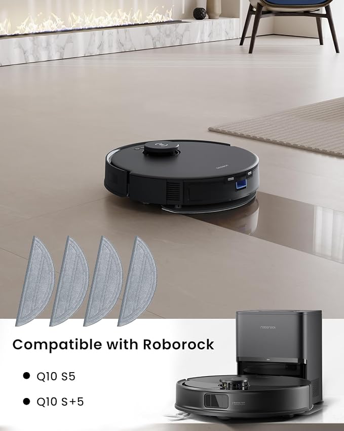 4-Pack Replacement mop Pads for Roborock Q10 S5/Q10 S5+ Robot Vacuum – Machine Washable Microfiber Mop Cloths for Efficient Floor Cleaning Compatible with Single Vibrating Zone Mop Mount