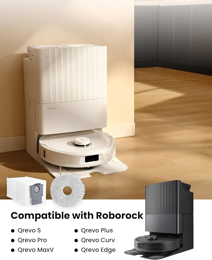 8Pack Replacement Parts Accessories Compatible for Roborock Qrevo Series, Saros 10R,Qrevo Curv,Qrevo Edge,Qrevo Edge S5A,QV 35A,Qrevo S5V Robot Vacuum,Spare Accessories Kit with 4 Dust Bags,4 Mop Pads
