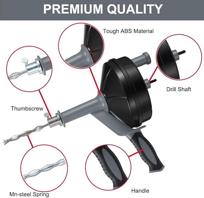 Drain Auger, Clog Remover with Drill Adapter, 25 Feet Flexible Plumbing Snake Use Manually or Powered for Kitchen,Bathrom and Shower Sink, Comes with Gloves(Gray)