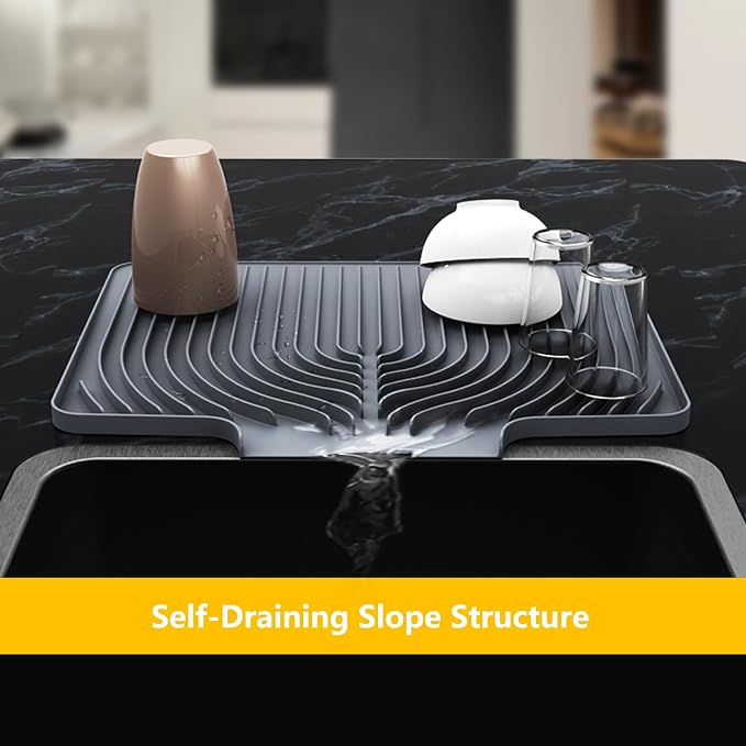 DIsh Drying Mat for Kitchen Counter , 20"×15.7" Dish Drying Rack (gray) | Various Sizes & Colors,Extra Large,Steep-Slope,Built in Drain,High-fin Ventilation,Food-grade Silicone,500F heat resistant