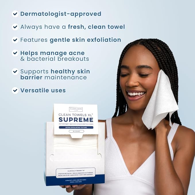 Clean Skin Club Clean Towels XL® Supreme, 100% USDA Biobased Face Towel, Disposable Face Towelette, Eczema Association Accepted, Thicker Textured Dry Wipes, Ultra Absorbent & Soft, 1 Pack, 50 Ct