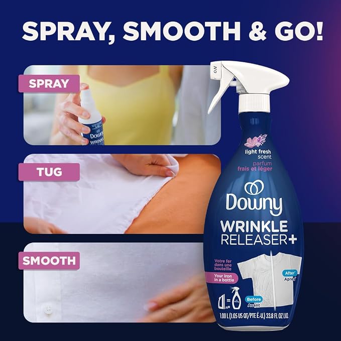 Downy Wrinkle Releaser Spray,All In One Wrinkle Release Spray,Odor Eliminator,Static Remover,Fabric Refresher & Ironing Aid for Clothes,33.8 Fl Oz,Light Fresh Scent,(Pack of 4)