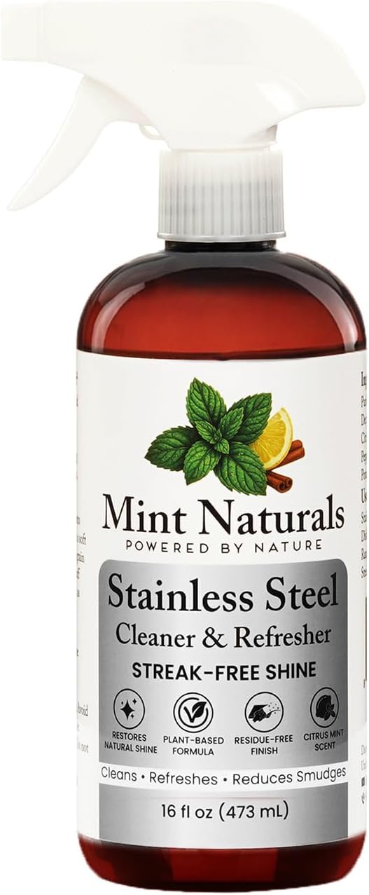Natural Stainless Steel Cleaner & Polisher - Fingerprint Resist 16oz | Made in USA with USDA Organic Peppermint Oil by Mint Naturals