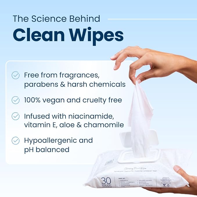 Clean Skin Club Clean Wipes, XL Makeup Remover Face Wipes, Textured Cleansing Facial Wipes for Sensitive Skin, Hypoallergenic, Fragrance-Free, Vegan, 40% Bigger, 30 Count