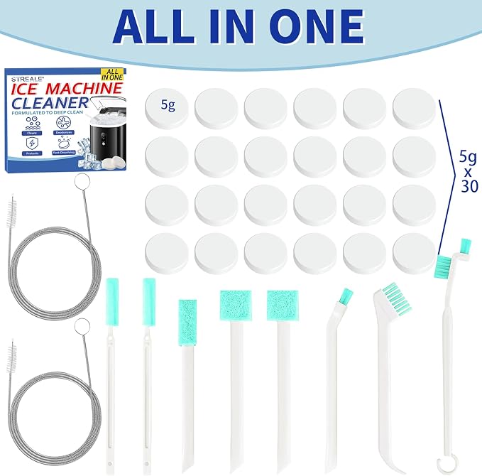 Ice Machine Cleaner Kit - 30Pack Ice Maker Cleaner Tablets - 10Pcs Pipe & Crevice Brush Set - Commercial & Portable Countertop Icemaker Cleaning Solution