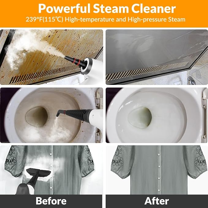 Handheld Steam Cleaner, Pressurized Hot Steam with 12 Accessories for Home | High Temperature Steam Removes Grease, Dirt and Stains from Kitchens, Bathrooms, Cars, Furniture, Tile and Grout.