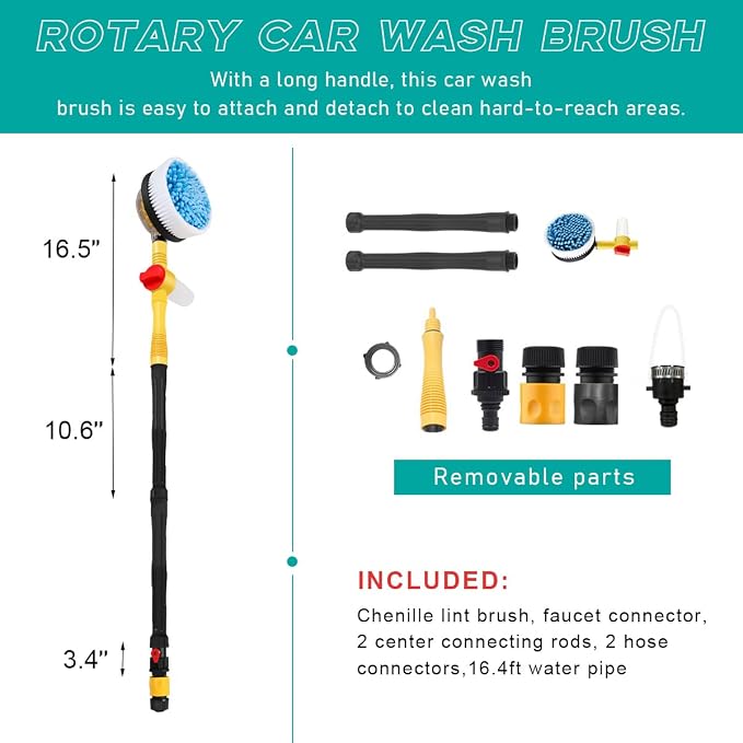 povtii Rotating Car Wash Brush, 360° Spin Auto Cleaning Brush with Long Handle, Detachable Washing Brush with Soft Chenille Bristles Universal for Most Vehicles, Car Accessories (Brush)