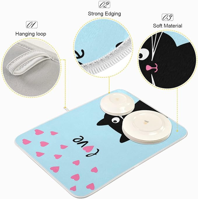 Absorbent Dish Drying Mat for Kitchen Counter - Blue Love Cat Microfiber Drying Pad, Reversible Drainer Mats for Countertop, Small 16 x 18 inch