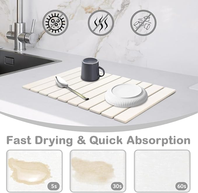 Large Stone Dish Drying Mat for Kitchen Counter, 24"(L)×16"(W), Collapsible Quick Drying Mat, Absorbent Eco-Friendly Diatomaceous Earth Mats for Dishes and Bottles, Match Any Countertop【White】