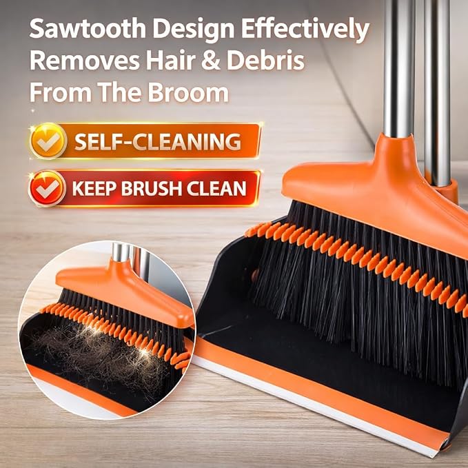 Broom and Dustpan Set with Long Handle, Upright Standing Self-Cleaning Combo, Windproof Dustpan with 6 Bonus Cleaning Tools for Pet Hair, Home, Kitchen, Garage & Apartment