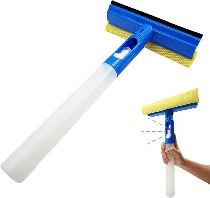 Car Window Cleaner Squeegee with Sponge and Rubber Blade Cleaning Tool Wiper with Spray Bottle 3 in 1 Multipurpose | for Indoor and Outdoor, Home, Car Window, Glass (1 Pack)