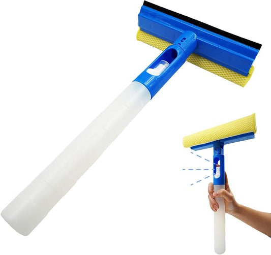 Car Window Cleaner Squeegee with Sponge and Rubber Blade Cleaning Tool Wiper with Spray Bottle 3 in 1 Multipurpose | for Indoor and Outdoor, Home, Car Window, Glass (2 Pack)
