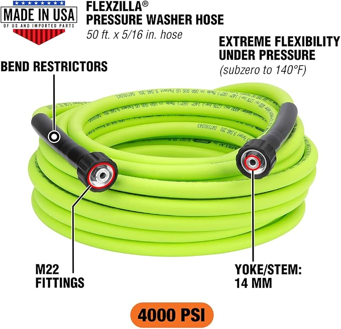 Flexzilla Pressure Washer Replacement Hose, 5/16 in. x 50 ft., 4000 PSI, M22 Fittings, No-Kink, Lightweight, ZillaGreen