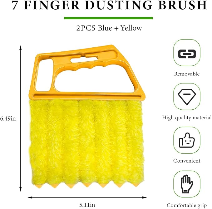 DXNQ 2 PCS Blind Cleaner Duster Tool, Window Venetian Hand-held 7 Finger Dusting Cleaner Brush, Blinds Cleaning Brush Tool for Window Shutters Air Conditioner, Car Accessories (Blue+Yellow)