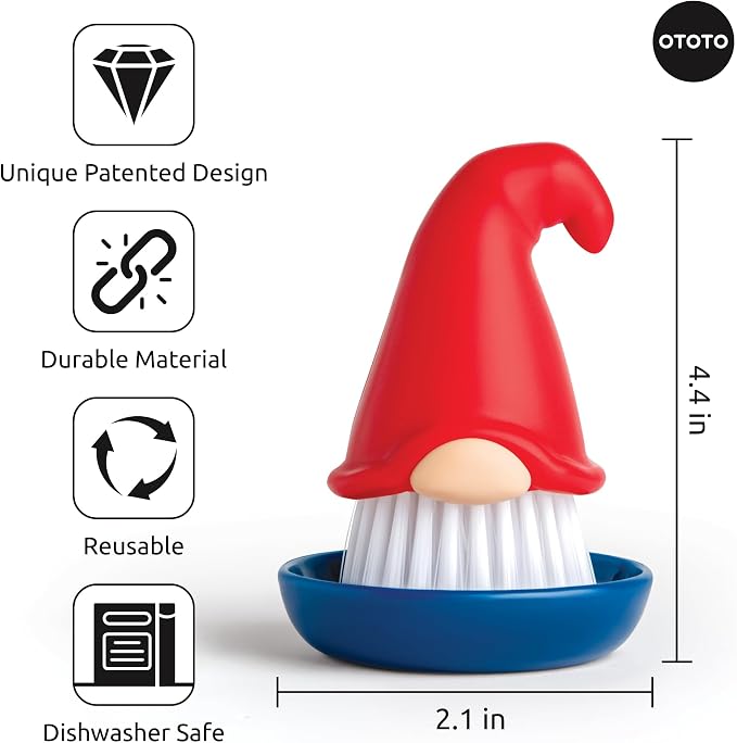 OTOTO Gnome Dish Brush with Handle - Cleaning Brush, Vegetable Brush, Dish Scrub, Gnome Handle, Unique Kitchen Gadgets, Funny Kitchen Tools, Useful Gifts for Women (Beardy Red)