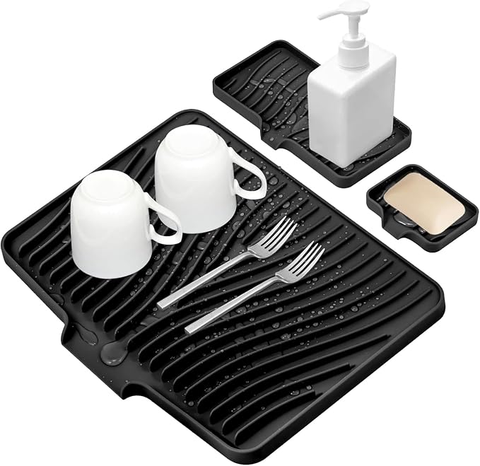 Silicone Dish Drying Mat for Kitchen counter, 19.7"x17" Extra Large Non-Slip Drain Pad with Built-in Drainage, Heat Resistant Dishwasher Safe, Black