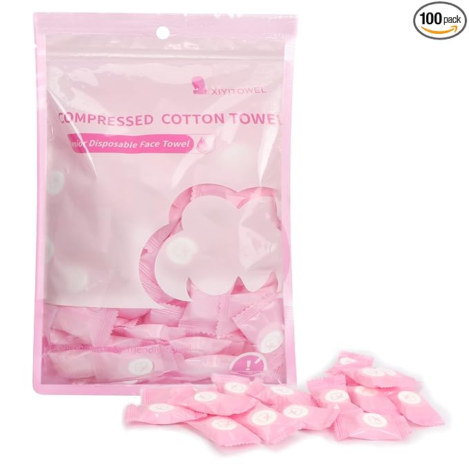 Classycoo Compressed Towel 100 PCS Mini Tablets Disposable Portable Face Towel Cotton Coin Tissue Eco-Friendly for Travel, Camping, Hiking, Sport, Beauty, Home Hand Cloths, Outdoor Activities Pink