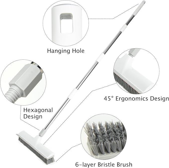 2-in-1 Floor Scraping Brush, 59.8" Long-Handled, White | Adjustable Floor Brush,Suitable for Kitchen,Bedroom, Shower Room,Floor,Tile Patios,Outdoor Patio,Terrace