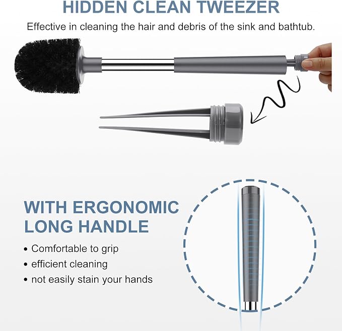 SetSail Toilet Brush and Holder 2 Pack, Self Closing Lid Toilet Bowl Brushes Holder and Extra Long Handle Ventilated Toilet Brush Set for Bathroom Cleaning, Nylon Bristles, Grey