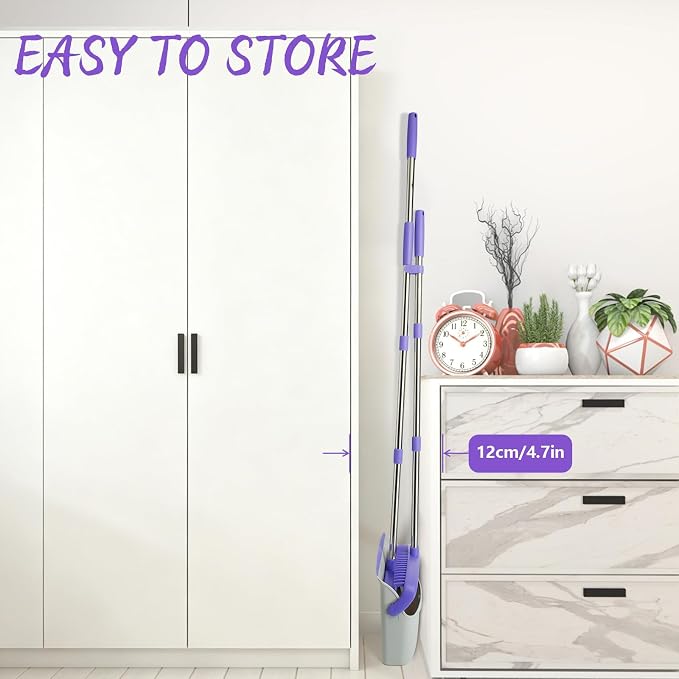 Broom and Dustpan Set with 51" Adjustable Long Handle-Gray Purple | Long Handle and Standing Dust Pan with Comb Teeth, Efficient Floor Cleaning for Kitchen, Outdoor, Dorm, Apartment, Office