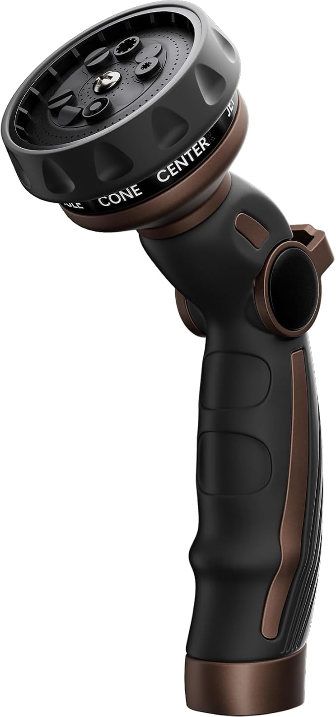 RESTMO Hose Nozzle Heavy Duty, Metal Water Hose Sprayer for Garden | 9 Spray Patterns, Leak Proof, Thumb Flow Control, On/Off Valve, Ideal for Outdoor Lawn & Plant, Car & Pet, Brown