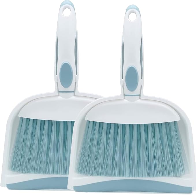 Dust pan, Mini Dustpan and Brush Set, Small Broom and Dustpan Set, Small Hand Broom and dust pan Set, Whisk Broom, Dust pan and Brush for Desk, Table, Home, Kitchen Necessities (Light Blue 2pcs)