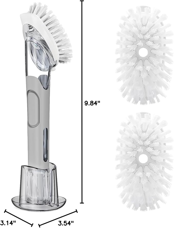 Soap Dispensing Replacement Dish Brush Storage Set with 2 PCS Brush Refills & Holder - RIMAY Dispenser Scrub Cleaning Scrubber Kitchen Dishwashing Dish Wand Handle for Dishes/Pans/Pots/Sink(Grey)