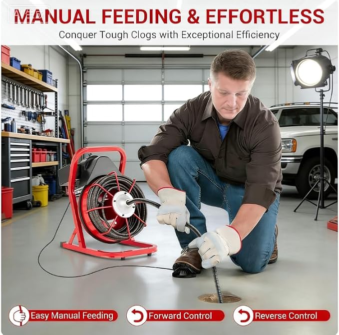 75FT x 1/2 Inch Drain Cleaner Machine, 400W Portable Drain Cleaning Machine Snake with 6 Cutters & Foot Switch for 1" to 4" Pipes, Heavy Duty Sewer Auger for Sinks, Toilets, Showers