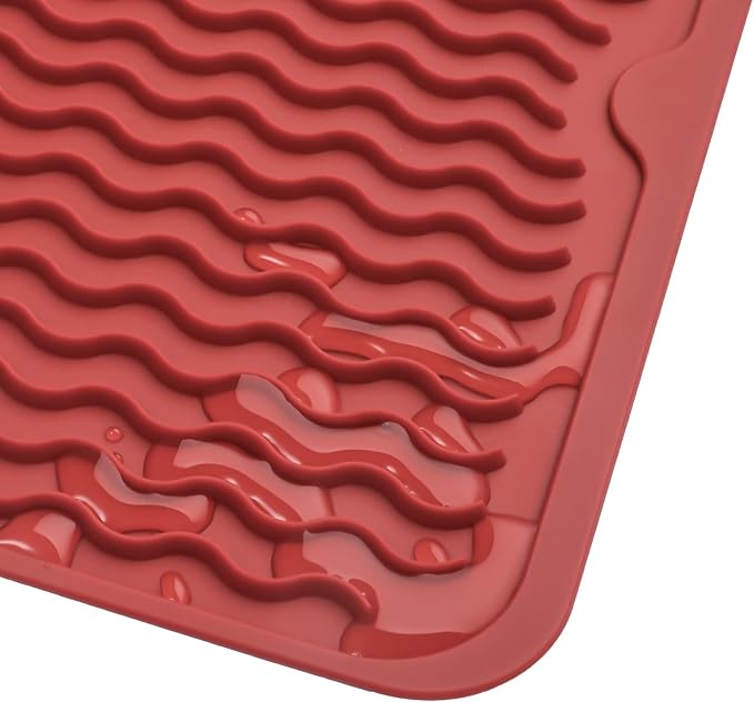 MicoYang Silicone Dish Drying Mat — Quick-Dry Ridges Counter & Sink Pad, Heat-Resistant Trivet to 450°F, Non-Slip & Dishwasher Safe, Roll-Up Storage, 18 Colors & 9 Sizes (Red, 16"×12")
