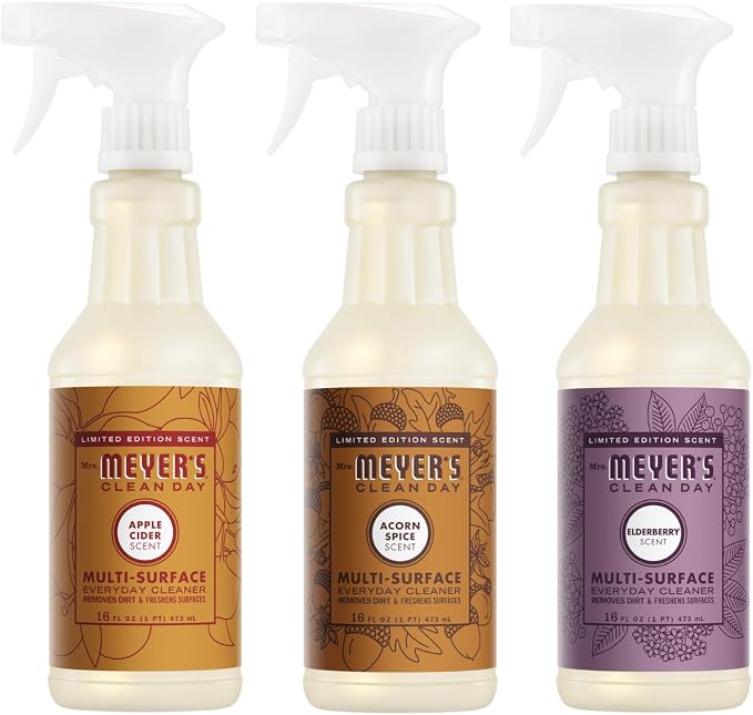 Mrs. MEYER'S Fall Scent Multi-Surface Cleaner, Elderberry, Apple Cider, Acorn Spice, 16 FL OZ each, 3 CT (Variety Pack)