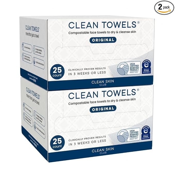 Clean Skin Club Clean Towels®, 100% USDA Biobased Face Towel, Disposable Face Towelette, Eczema Association Accepted, Makeup Remover Dry Wipes, Ultra Soft, 25 ct per pack, 2 Packs, 50 Ct Total