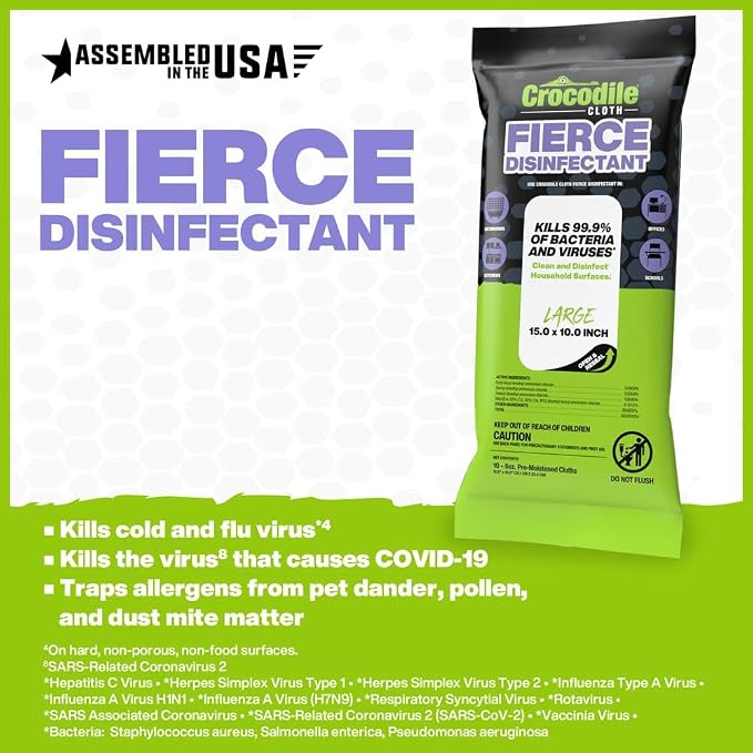 Crocodile Cloth Fierce Disinfectant Wipes - 480 Count (48 Packs of 10 Count) 15" x 10" Multi-Surface Disinfecting Cleaning Cloths For Kitchens, Bathrooms, Offices & Schools