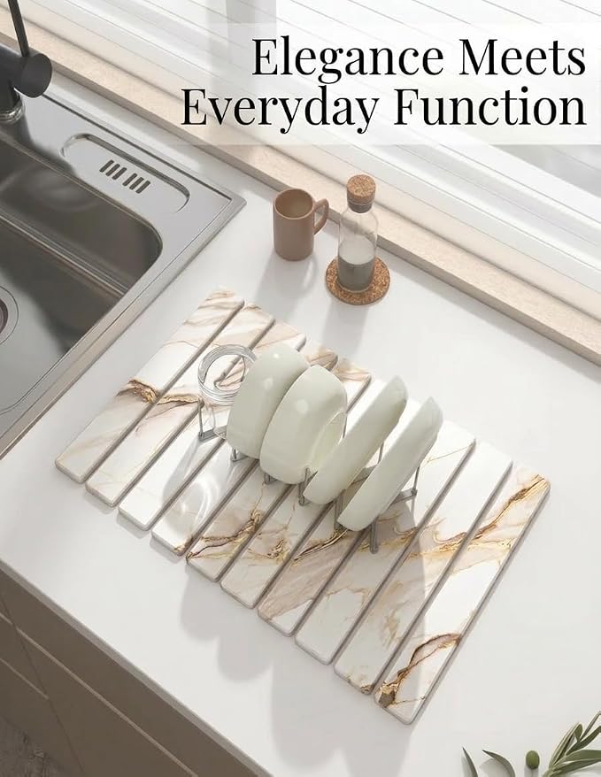 Diatomaceous Stone Dish Drying Mat with Collapsible Steel Rack - Quick Dry Kitchen Counter Set, Space Saving Foldable Dryer (White Marble, 23.6" x 15.3")