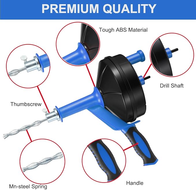 Drain Auger, Clog Remover with Drill Adapter, 25 Feet Flexible Plumbing Snake Use Manually or Powered for Kitchen, Bathroom and Shower Sink, Comes with Gloves (blue)