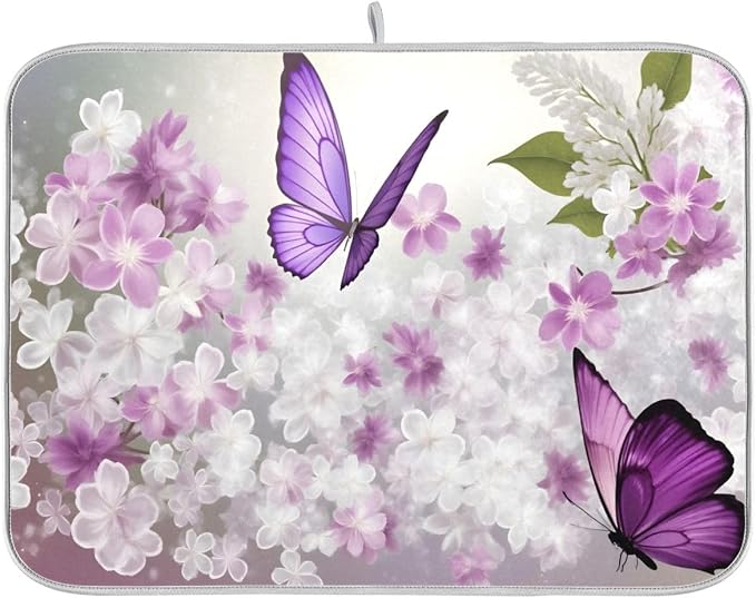 Butterflies Flowers Purple Dish Drying Mat for Kitchen, Absorbent Microfiber Drying Pad Dish Mat, 16" X 18"