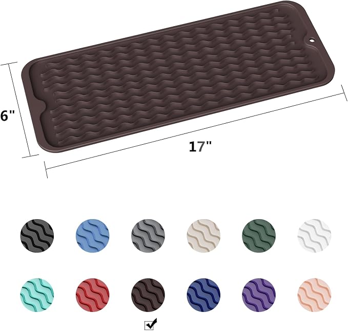 ZLR Small Dish Drying Mat (6" x 17" / 153 x 433mm) - Narrow Silicone Drainer for Kitchen Counter, Apartment & RV - Compact Sponge Holder & Sink Caddy Tray, Non-Slip Food-Grade Silicone (Coffee)