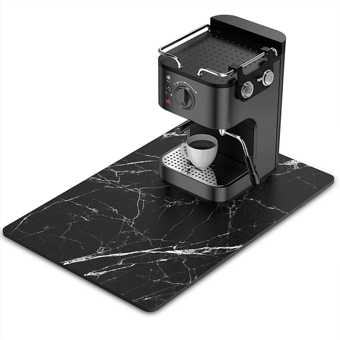 Rnivvi Coffee Mat, 16" x 24" Cute Marble Style Coffee Bar Mats for Espresso Machine Station Accessories and Organizer, Hide Stain Rubber Backed Absorbent Dish Drying Pad for Kitchen Counter, Black