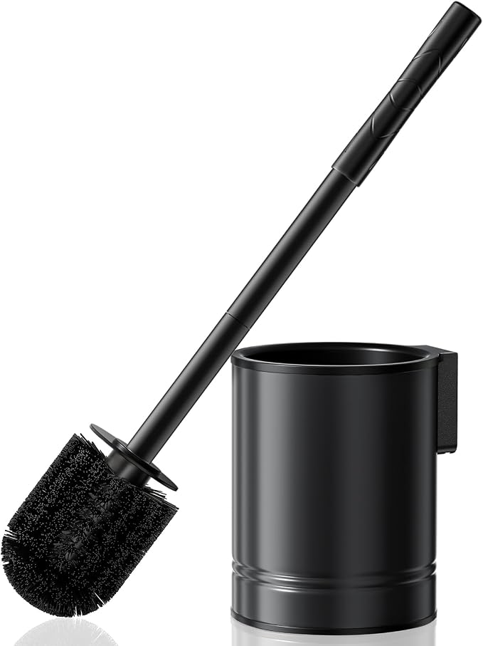 HAMITOR Black Toilet Bowl Brush: Metal Rustproof Bathroom Cleaning Accessories Set with Hidden Holder for Renters - Wall-Mounted Family Compact Toilet Cleaner Kits for Apartment RV Small Space