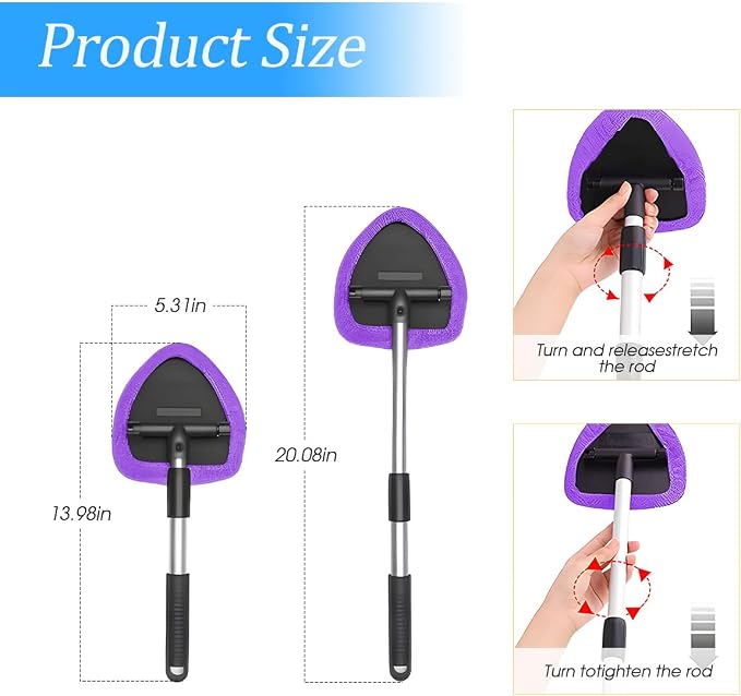 Extendable Car Windshield Cleaning Tool with Microfiber Pads, Purple | reusable glass-wiper design, interior and exterior window use, fits most cars, SUVs, and trucks, automotive cleaning tools