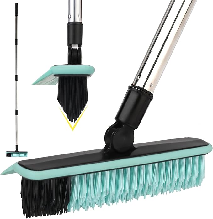 Grout Cleaner Brush with Long Handle, V-Shaped Floor Scrub Brush Swivel Grout Brush Stiff Bristle Floor Grout Scrubber for Bathroom, Tile Line, Crevice, Kitchen, Wall, Deck, Garage (Green)