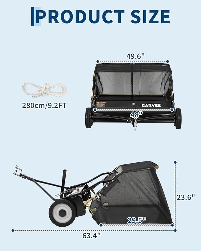 Garvee Tow Behind Lawn Sweeper 48 Inch, Heavy Duty Leaf & Grass Collector | Yard Sweeper Pull Behind,16 cu.ft. Leaf Collector,Tool-Free Adjustable Brush Height,Dumping Rope for Yard,Driveway,Sidewalk